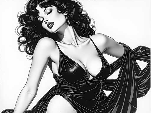 The image is a detailed black and white drawing of a woman with long, wavy black hair that cascades down to her waist. She is depicted in a provocative pose, with her head tilted to the left and her eyes closed, giving her a serene yet alluring expression. Her lips are painted with lipstick, adding a touch of color to the monochromatic scene. She is wearing a low-cut, black dress that appears to be made of a shiny, satin-like material. The dress features thin straps over her shoulders and is designed with a slit on the side, revealing her leg. The fabric of the dress flows around her arms and chest, adding to the dramatic effect. The background is a light gray, which contrasts with the darker tones of her hair and dress, emphasizing the intricate details of the drawing.