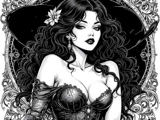 This black and white illustration features a striking woman with long, wavy black hair adorned with a white flower on the left side. She is wearing a low-cut, lacy corset that reveals her cleavage, and her arms are covered in long gloves that extend up to her biceps. Her makeup is bold, with dark lipstick and heavy eye makeup, and she sports a dangling earring on her right ear. The woman is positioned centrally in the image, gazing directly at the viewer. Behind her, there is a large, ornate circular frame with intricate floral and leaf patterns, adding a decorative element to the composition. The overall style of the artwork is reminiscent of a detailed coloring book page, with the image rendered in fine black lines against a white background.