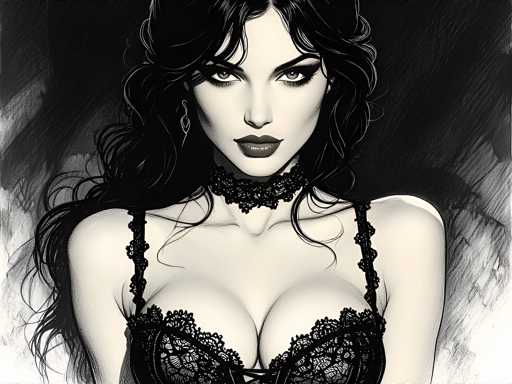 This black and white illustration features a striking woman with long, wavy black hair cascading past her shoulders. She has a pale complexion and wears dark lipstick that accentuates her full lips. Her eyes are framed by long eyelashes, and she sports a choker-style necklace adorned with intricate lace. The woman is dressed in a black lace corset that highlights her large bust, with thin straps extending over her shoulders. Her shoulders are bare, and she gazes directly at the viewer with a serious expression. The background is a gradient of dark to light gray, with a lighter area in the bottom right corner, adding depth to the image. The overall composition is detailed and evocative, capturing the essence of a gothic or dark fantasy style.