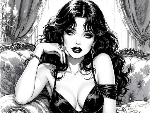 This black and white illustration features a striking woman with long, wavy black hair cascading past her shoulders. She is seated on a plush, cushioned couch adorned with a floral pattern and a wooden frame. The woman is dressed in a low-cut, black dress with thin straps, one of which is draped around her upper arm. Her makeup is bold, with dark lipstick and long eyelashes accentuating her eyes. She accessorizes with a bracelet on her right wrist, rings on her right hand, and dangling earrings. Her right arm is bent, with her hand resting on her chin, while her left arm is positioned behind her on the couch. The background includes a white wall, a candelabra on the left, and curtains on either side, adding to the elegant ambiance of the scene.