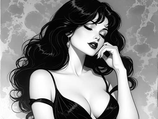 This black-and-white illustration features a woman with long, wavy black hair and bangs, her eyes closed and head tilted slightly to the right. She is adorned with a single earring on her right ear, which dangles elegantly. Her lips are painted a striking black, and her mouth is slightly open, revealing her teeth. She is dressed in a black dress with thin straps over her shoulders and a low neckline that accentuates her cleavage. Her right hand is raised to her face, with her fingers gently touching her cheek. The background is a textured gray, resembling a marbled or cracked pattern, adding depth to the image. The overall composition is detailed and evocative, capturing a moment of serene beauty.