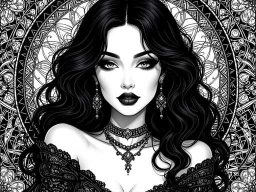 This black and white illustration features a striking woman with long, wavy black hair that cascades down to her chest. Her hair is parted in the middle, framing her face with thick, dark eyebrows and long eyelashes. She has light-colored eyes and full, dark lips that are slightly parted, revealing her top teeth. The woman is adorned with intricate jewelry, including a choker with a central jewel, a beaded necklace, and another necklace with a triangular pendant. She wears long, dangly earrings that add to her elegant appearance. Her dress is off-the-shoulder, revealing her bare shoulders and a hint of cleavage. The background is a detailed, symmetrical pattern of circles and floral designs, creating a mesmerizing, mandala-like effect that complements the woman's ornate attire.