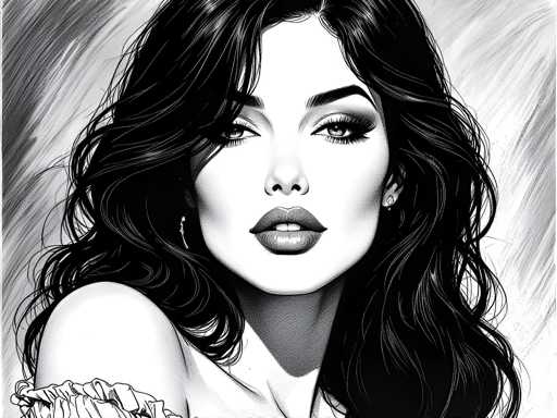 This black and white pencil drawing depicts a young woman with long, wavy black hair that cascades down to her chest. She has a pale complexion and is adorned with diamond earrings. Her makeup is meticulously applied, featuring dark lipstick, long eyelashes, and well-defined eyebrows. The woman's head is slightly tilted to the right, and she gazes directly at the viewer with a serious expression. She is dressed in a white blouse with puffy sleeves that extend to her elbows, and the background is filled with gray shading, adding depth to the portrait.
