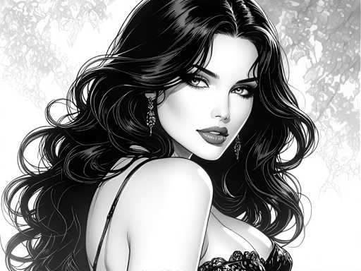 This black and white illustration features a striking woman with long, wavy black hair that cascades down her back. She is depicted from the chest up, with her body turned to the right while her head is turned back over her shoulder, gazing directly at the viewer. Her hair is parted in the middle, with bangs sweeping to the sides of her face. She has dark, thick eyebrows and long eyelashes that accentuate her large eyes. Her lips are painted a dark shade, adding contrast to her pale skin.

The woman is adorned in a black dress with thin straps over her shoulders, and the dress appears to have lace detailing. She wears long, dangly earrings that add to her elegant appearance. The background is a light gray, featuring a tree with branches and leaves that frame her head on both sides, creating a natural, yet simple backdrop that highlights her figure. The overall composition of the image is detailed and evocative, capturing the viewer's attention with its intricate line work and shading.