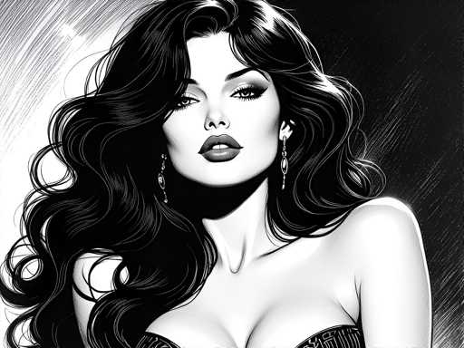 This black and white illustration features a striking woman with long, wavy black hair cascading past her shoulders. Her hair is parted in the middle, with a slight curl at the ends. She has dark, expressive eyes adorned with eyeliner and mascara, and her lips are painted a bold red, slightly parted to reveal her top teeth. She wears long, dangling earrings that add to her elegant appearance. The woman is dressed in a black, low-cut top that accentuates her cleavage, and her shoulders are bare. The background is a gradient of black and white, with the left side being lighter and the right side darker, creating a dramatic contrast that highlights her features. The overall composition of the image is square, with the woman's face centered and her body extending from the top to the bottom of the frame.