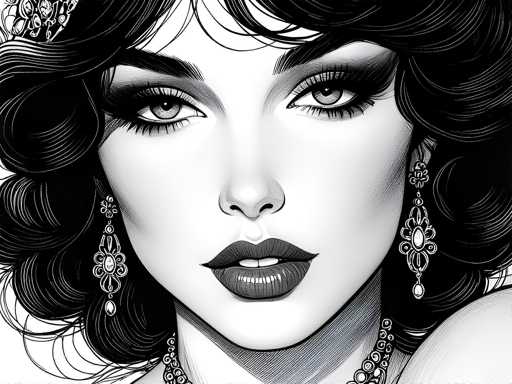 This black and white illustration features a close-up of a woman's face, capturing her from the top of her head down to her shoulders. She has long, wavy black hair that cascades past her shoulders, adorned with a small tiara on the left side. Her striking green eyes are framed by thick black eyebrows and long eyelashes. She wears dark, almost black lipstick, which contrasts with her pale skin. Her ears are decorated with dangling earrings that resemble flowers, and she has a necklace around her neck. The woman's expression is serious, with her mouth slightly open, revealing her top two teeth. The background is white, emphasizing the intricate details of her face and attire.