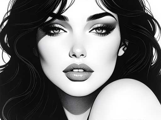 This black and white illustration features a close-up of a woman's face, capturing her from the top of her head down to her shoulders. She has long, wavy black hair that cascades around her face, with bangs partially covering her forehead. Her eyebrows are thick and black, complementing her long eyelashes and gray eyes. The woman's lips are full and slightly parted, revealing two front teeth. Her complexion is light, and she has a small, button-like nose. The image is detailed, with her left shoulder visible in the bottom right corner, adding depth to the composition. The overall style is reminiscent of a comic book or graphic novel, emphasizing the intricate details of her facial features and hair.