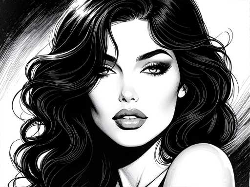 This black and white digital illustration features a striking, realistic portrait of a woman with long, wavy black hair that cascades down to her shoulders. Her hair is parted slightly to the left, with a few strands falling over her forehead. She has a pale complexion and is adorned with subtle makeup, including eyeliner and lipstick. Her eyes are light-colored, possibly blue or green, and she gazes directly at the viewer with a neutral expression. The woman is wearing a black tank top, and her left shoulder is visible, while her right shoulder is obscured. The background is a gradient of black, gray, and white, with the top left corner being the darkest and the top right corner the lightest. The overall composition is square, and the image captures the woman from her head down to just below her neck, with her left shoulder slightly cut off.
