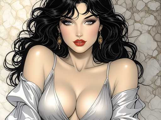 This detailed illustration depicts a young woman with long, wavy black hair cascading past her shoulders. She has striking blue eyes, accentuated by long eyelashes and a touch of black eyeshadow. Her lips are painted a vivid red, and she wears a subtle amount of blush on her cheeks. She is adorned with gold earrings that feature a teardrop design with a circle in the middle. The woman is dressed in a silver, strappy top that reveals a significant amount of cleavage, and she appears to be wearing a white jacket that is slightly pulled down on her shoulders. The background is a textured, stone-like pattern in shades of gray, white, and beige, adding depth to the image. The overall style of the illustration is reminiscent of a comic book or graphic novel, with a focus on the woman's captivating and alluring appearance.
