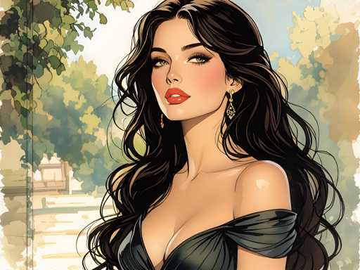 This detailed illustration depicts a young woman with long, wavy brown hair cascading down to her waist. She has striking green eyes accentuated by long eyelashes and wears vibrant red lipstick. Her attire is a dark green, low-cut dress that leaves her shoulders bare, with one strap elegantly draped over her left shoulder. She accessorizes with diamond earrings featuring a triangular design. The woman is positioned centrally in the image, gazing directly at the viewer. The background is a blend of watercolor-like trees and a blue sky, creating a serene and artistic atmosphere. The overall style combines elements of both detailed illustration and watercolor painting, giving it a unique and captivating aesthetic.