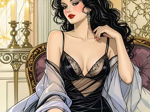 This detailed illustration depicts a woman in a cartoon style, seated in a luxurious chair with a purple cushion and gold trim. She has long, wavy black hair cascading down her shoulders and is adorned with large, dangling earrings. Her makeup is striking, featuring bright red lipstick, dark eyeshadow, and blush on her cheeks. She is dressed in a black dress with thin straps, which reveals a black lace bra underneath. Draped over her arms is a sheer, white shawl that adds to her elegant appearance. The woman's left hand is raised to her chin, showcasing her red fingernails. The background features a white wall with a gold filigree pattern, a white shelf holding two gold candlesticks with lit candles, and a window with a white frame. The overall scene exudes a sense of sophistication and luxury.