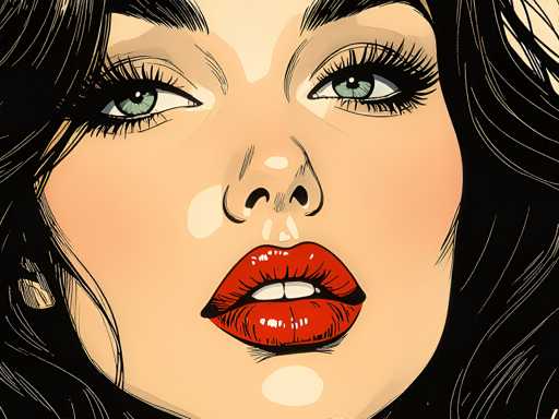 This image is a detailed, stylized drawing of a woman's face, rendered in a cartoonish, anime-like style. The woman has long, wavy black hair that frames her face, with some strands falling over her left ear. Her eyebrows are thick and bushy, and her eyes are a striking greenish-blue color, accentuated by long, black eyelashes. She has a small, button-like nose and full, glossy red lips that are slightly parted, revealing her two front teeth. Her skin is a light peach color, and there are subtle white highlights on her forehead, nose, lips, and chin, adding depth to the illustration. The overall effect is a vibrant and captivating portrait that emphasizes her facial features and expressive eyes.