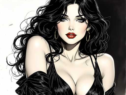 This detailed digital illustration depicts a striking woman with long, wavy black hair cascading past her shoulders. Her hair is parted in the middle, with strands flowing to the sides. She has pale skin and captivating blue eyes, accentuated by long eyelashes and bold red lipstick. Her expression is serious, with her mouth slightly open, revealing her top teeth. She wears elegant gold hoop earrings and a black dress with thin straps that dip low in the front, revealing a significant amount of cleavage. The dress appears to have sleeves that extend to her elbows, though they are partially cut off in the image. The background is starkly divided, with the left side being white and the right side black, creating a dramatic contrast that highlights the woman's features. The overall composition focuses on her face and upper body, with her left arm slightly raised, adding a subtle dynamic element to the portrait.