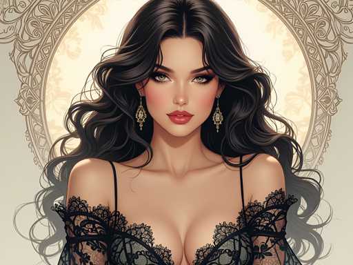 The image shows a close-up portrait of a woman with long dark hair and heavy eye makeup. She is wearing a black lace top that contrasts with her skin tone. The background features a gold floral pattern, adding an elegant touch to the overall composition.