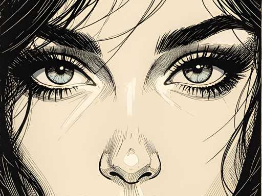 This image is a detailed, hand-drawn illustration of a woman's face, focusing on her eyes and the upper part of her nose. The drawing is primarily in black and white, with the exception of her striking blue eyes, which feature black pupils and a subtle white reflection in the upper left corner of each eye. Her eyebrows are thick and black, complementing her long, wispy black hair that frames her face. The woman's skin is depicted in a light tan or beige color, adding depth to the illustration. The drawing style is intricate, with fine lines and shading that give the image a realistic yet artistic feel. The composition captures the essence of the woman's facial features, particularly emphasizing her eyes and the delicate strands of hair that fall across her forehead.