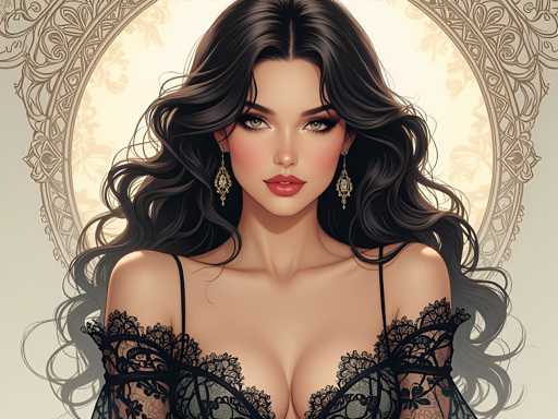 This image is a detailed digital illustration of a woman with long, wavy black hair that cascades down to her waist. She has striking green eyes, accentuated by thick black eyelashes and dark eyebrows. Her lips are painted a vivid red, and she has a slight smile, revealing her top teeth. She is adorned with long, dangling earrings that feature intricate designs. The woman is dressed in a black lace nightgown with thin straps, which reveals a hint of cleavage. The background is a light gray, and behind her head is a large, ornate circular frame with a gold border and intricate patterns. The overall style of the illustration is reminiscent of a comic book or video game character, with a highly detailed and realistic appearance.