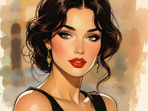 This image is a detailed, computer-generated illustration of a young woman, likely in her 20s or 30s, with a striking and realistic appearance. She has long, wavy black hair that cascades down to her shoulders, with a few strands framing her face. Her complexion is fair, and she has a full face of makeup, including bright red lipstick, black eyeliner, and mascara, which accentuates her green eyes. She is adorned with gold earrings that feature a teardrop shape with a diamond at the bottom. The woman is dressed in a black tank top, and the image captures her from the shoulders up, with her head slightly tilted to the right. The background is a blend of watercolor-like splotches in shades of brown, gray, and blue, creating a soft, artistic backdrop that contrasts with the sharpness of her features.