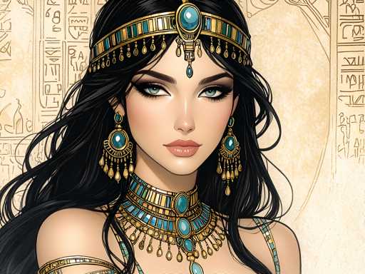 This detailed illustration depicts a striking Egyptian woman, adorned in elaborate jewelry and regal attire. She has long, flowing black hair and captivating blue eyes, accentuated by her heavy eye makeup. Her lips are painted a soft pink, adding a touch of femininity to her stern expression. She wears a golden headband embellished with turquoise jewels, which complements her matching turquoise and gold earrings. Around her neck, she sports a grand choker necklace, also turquoise and gold, featuring three prominent turquoise stones. Her attire includes a dress with thin straps, revealing her bare shoulders, and a gold armband on her right arm. The background is a tan hue, decorated with intricate Egyptian hieroglyphics, enhancing the ancient and majestic atmosphere of the image.