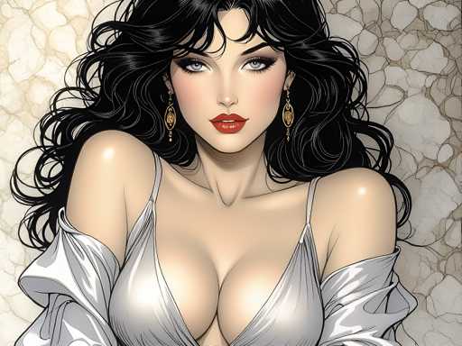 The image depicts a woman with long dark hair wearing a white strapless dress and gold earrings. She is looking directly at the camera with an intense gaze. The background features a beige wall with a crack running across it.