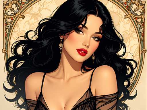 The image depicts a woman with long dark hair wearing a black dress and gold earrings. The background features an ornate design with intricate details and patterns.