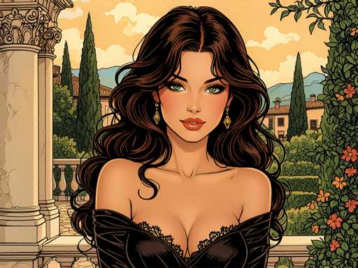 The image is a detailed, computer-generated illustration of a woman with long, wavy brown hair and green eyes, standing on a balcony. She is wearing a black, lacy dress that is low-cut and off-the-shoulder, revealing her collarbones and cleavage. Her makeup includes red lipstick, and she is adorned with diamond-shaped earrings. The balcony features a stone railing and a large pillar on the left side. Behind her, the scene extends to a lush garden with various plants, including tall green trees and vines with orange flowers. In the background, there are several buildings with red roofs, possibly houses or a hotel, set against a backdrop of blue mountains and a yellow sky with white clouds. The overall setting suggests a picturesque, possibly Mediterranean location.