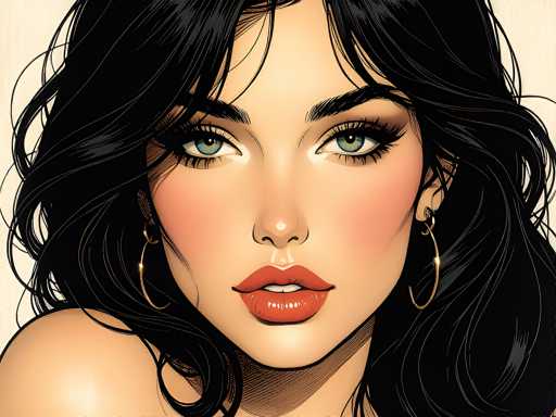 This image is a detailed, computer-generated illustration of a woman's face, set against a light beige background. The woman has long, wavy black hair that cascades down to her shoulders, with a few strands falling over her forehead. Her complexion is light, and she has striking blue eyes accentuated by long black eyelashes and dark eyebrows. Her lips are painted a vivid red, and she is slightly smiling, revealing her top teeth. She is adorned with large gold hoop earrings, and her left shoulder is bare, suggesting she might be wearing a strapless top. The overall style of the image is reminiscent of a comic book or graphic novel, with a focus on her expressive features and elegant appearance.