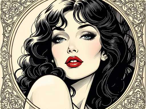 This image is a detailed, vintage-style illustration of a woman's face and upper body, framed within a circular border. The border is adorned with intricate, black-and-white floral and scroll patterns, giving it an ornate appearance. The woman, who has pale skin, is depicted with long, wavy black hair that cascades down to her shoulders. Her hair is parted in the middle, with a slight white highlight on the left side. She has striking blue eyes, long eyelashes, and dark eyebrows. Her lips are painted a vivid red, and she wears a small stud earring in her left ear. The woman's head is slightly tilted to the left, and she gazes directly at the viewer. Her right shoulder is visible, while her left shoulder is obscured by her hair. The background within the circular frame is a light tan color, enhancing the contrast with the detailed black-and-white elements of the illustration.