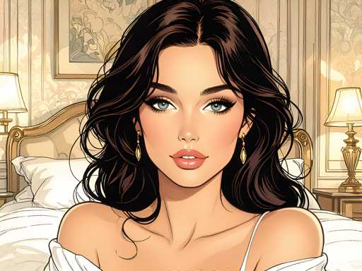 The image is a detailed, computer-generated illustration of a young woman with long, wavy brown hair and striking green eyes. She is wearing a white dress with thin straps and gold earrings shaped like teardrops. The woman is seated on a bed with a light brown headboard and white bedding, positioned centrally in the image. The background features a beige wall adorned with a framed picture of flowers and two lit lamps on either side of the bed, casting a warm glow. The overall setting appears to be a cozy bedroom, and the color palette includes shades of white, brown, green, pink, gold, and beige. The woman is looking directly at the viewer, creating a sense of engagement.