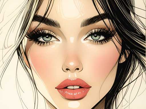 This image is a detailed, computer-generated close-up of a woman's face, focusing on her features from the neck up. She has striking green eyes framed by long, black eyelashes and thick, dark eyebrows. Her lips are painted a vibrant red, and her mouth is slightly open, revealing her two front teeth. Her skin is a light tan, with a noticeable shine on her forehead, nose, and chin, suggesting a glossy finish. The woman's hair is predominantly black with some white streaks, and it appears to be pulled back, though it's not fully visible in the image. The background is a light tan color, and the overall style of the image is reminiscent of a comic book or animated character.