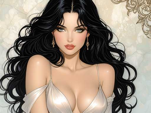 The image is a detailed, computer-generated illustration of a young woman, likely in her 20s, with long, wavy black hair that cascades down to her waist. She has striking blue eyes, accentuated by long eyelashes and dark eyebrows, and her lips are painted a vivid red. She is adorned with gold earrings that dangle elegantly from her ears. The woman is dressed in a shiny, white dress with thin straps, which reveals a significant amount of cleavage. The dress appears to be slipping off her right shoulder, adding a touch of allure to the image. She is posed against a background that features a light blue and white marble pattern, with a decorative gold swirl in the top right corner. The overall composition of the image is square, and the woman's face is centered, making her the focal point of the illustration.