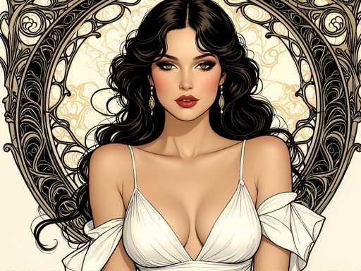 This image is a detailed, computer-generated illustration of a young woman with long, dark brown hair that cascades down to her waist. She has striking green eyes, accentuated by heavy eye makeup, and wears a bold red lipstick. Her complexion is fair, and she has a slight smile on her face. She is adorned with long, dangling earrings that feature a teardrop design. The woman is dressed in a white, strappy dress that reveals a significant amount of cleavage. The dress has thin straps over her shoulders and additional fabric that wraps around her upper arms. The background is a light beige color, adorned with intricate, swirling patterns in black and gold, resembling a decorative mirror frame. The overall style of the image is reminiscent of a comic book or graphic novel, with a focus on the woman's detailed and expressive features.