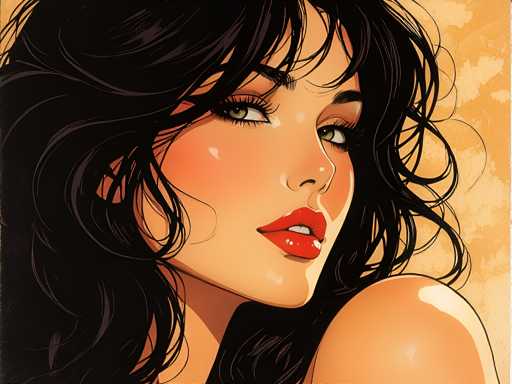 This image is a detailed, computer-generated illustration of a woman with a distinct anime style. She has long, wavy black hair that cascades down to her shoulders, with bangs partially covering her forehead. Her hair is accentuated with subtle gray highlights. The woman's skin is a light peach color, and she has striking green eyes that gaze directly at the viewer. Her lips are painted a vivid red, and her mouth is slightly open, revealing her top two teeth. She has a pointed chin and a small mole on her nose. The background is a blend of light orange and yellow hues, creating a warm, glowing effect. The woman's left shoulder is visible, and her head is slightly tilted to the right, adding a touch of elegance to her pose.