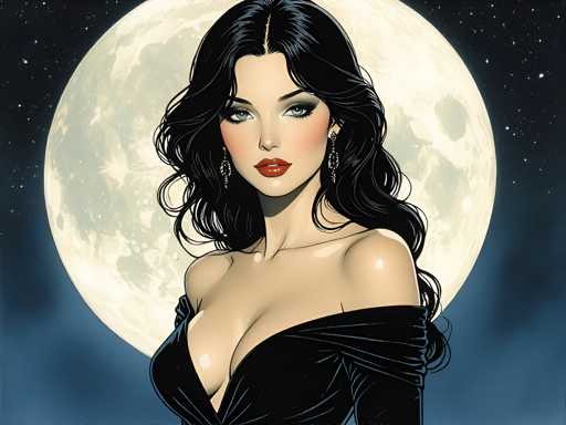 This detailed digital illustration features a striking woman with long, wavy black hair cascading down her back. She has captivating blue eyes, accentuated by heavy black eyeliner, and wears vibrant red lipstick that highlights her full lips. Her complexion is fair, and she has a subtle blush on her cheeks. She is adorned in a black dress that is low-cut, revealing a significant portion of her chest, and the dress drapes off her left shoulder, adding to her elegant yet alluring appearance. She accessorizes with long, dangling earrings that resemble diamonds. The background is a mesmerizing night sky, predominantly black with specks of white stars, and a large, luminous full moon that dominates the scene. The moon's surface is detailed with gray and white splotches, enhancing the ethereal atmosphere of the image.