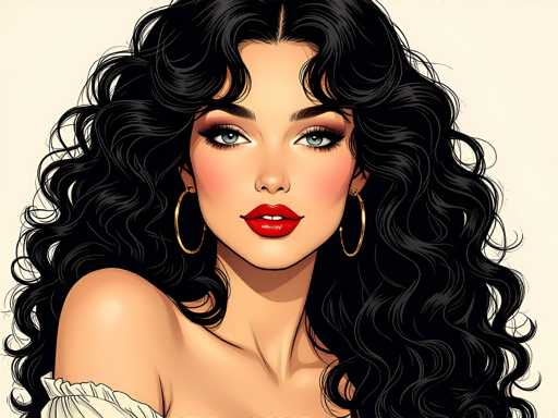 This image is a detailed digital illustration of a young woman, likely in her early 20s, with a striking and realistic appearance. She has long, wavy black hair that cascades down to her chest, with a middle part and bangs framing her face. Her complexion is fair, and she has a pointed chin. She is adorned with large gold hoop earrings and wears noticeable makeup, including red lipstick, mascara, and eyeshadow that highlights her blue eyes. Her attire consists of a white, off-the-shoulder blouse, which is slightly frilly and reveals her bare shoulder. The background is a light beige or cream color, providing a subtle contrast to her features. The overall style of the illustration is reminiscent of a comic book or graphic novel, with a focus on her expressive face and detailed hair.