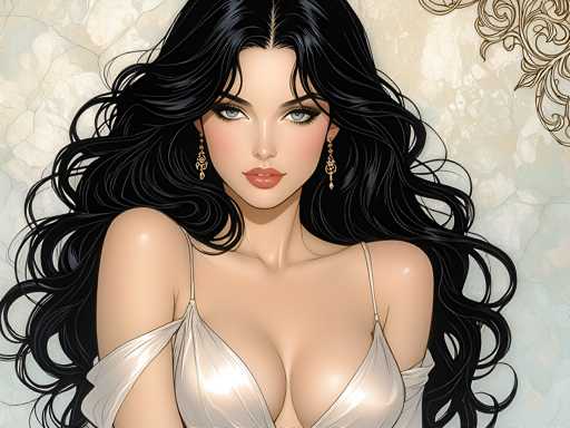 The image depicts a woman with long dark hair wearing a white dress and gold earrings. She is looking directly at the camera with an intense gaze. The background features a light blue color with a gold patterned design.