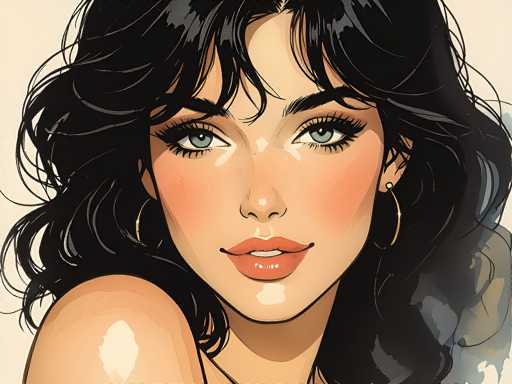 This image is a detailed, cartoon-style drawing of a woman with long, wavy black hair that cascades down to her shoulders. She has striking blue eyes and is adorned with gold hoop earrings. Her lips are painted a vivid red, and she has a slight smile, revealing her white teeth. The woman's skin is a light tan, and she has a subtle blush on her cheeks. The background is a light tan color, and the overall composition focuses on her face and upper body, with her right shoulder slightly exposed. The drawing style is reminiscent of a comic book or animated character, with a slightly exaggerated, yet realistic portrayal.