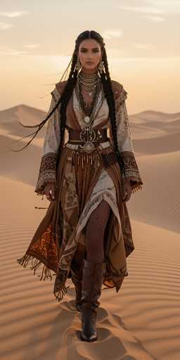 In this captivating image, a woman stands poised in the middle of a vast desert, her long, dark hair intricately braided into two elaborate pigtails that cascade down to her waist. She gazes directly at the camera with a serene expression, her eyes accentuated by dark eyeshadow. Her attire is a striking blend of traditional and modern elements. She wears a long, flowing dress that combines shades of brown and white, adorned with intricate patterns and fringes. The dress features a deep V-neckline that reveals a hint of her chest, and its sleeves are loose and flowing, reaching down to her wrists. Around her neck, she sports an elaborate array of necklaces, each one more ornate than the last, some adorned with beads and others with gleaming gold accents. A thick, brown belt with a prominent buckle cinches her waist, and from it dangles a large, circular medallion. Her legs are covered in fishnet stockings, and she completes her ensemble with tall, brown leather boots that lace up to her knees. The desert sand around her is a rich, dark brown, and the sky above is a muted gray, adding to the image's dramatic and timeless atmosphere.
