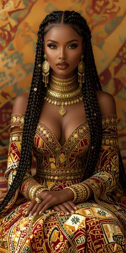 This image is a detailed, computer-generated illustration of a young African woman, likely in her 20s. She is depicted with a dark complexion and long, intricately braided hair that cascades down her shoulders. Her hair is parted in the middle, with two braids framing her face and the rest flowing down her back. She is adorned with elaborate, ornate jewelry, including large, dangling earrings that feature intricate designs and gold chains. Her neck is adorned with multiple gold necklaces, each with its own unique design, and a prominent gold medallion that hangs from the lowest necklace. 

Her attire is equally ornate, featuring a form-fitting dress that is richly decorated with gold and red patterns. The dress has a deep V-neckline that reveals her shoulders and part of her chest, with long sleeves that cover her arms. The dress is adorned with intricate gold patterns and designs, including diamond shapes and floral motifs. 

Her hands are gracefully positioned in front of her, with one hand resting on top of the other. She wears a large, gold ring on her right hand, adding to her overall opulent appearance. The background of the image is a blurred, golden hue with indistinct shapes, which further accentuates the focus on the woman and her detailed attire.