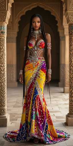 This image features a strikingly beautiful young woman, possibly of African or Middle Eastern descent, standing in an ornate, grand archway that resembles a palace setting. She has long, intricately braided black hair cascading down to her waist, and her skin is a rich brown. Her attire is an elaborate, colorful ensemble that includes a red bra-like top adorned with jewels, and a vibrant skirt in hues of yellow, red, purple, and blue, also embellished with jewels. She wears a thick, jeweled choker around her neck, and multiple bracelets on her wrists and forearms. Her expression is serious, and she gazes directly at the camera. The background is blurred, emphasizing her detailed and ornate appearance, and she stands on a stone floor with columns framing the scene.
