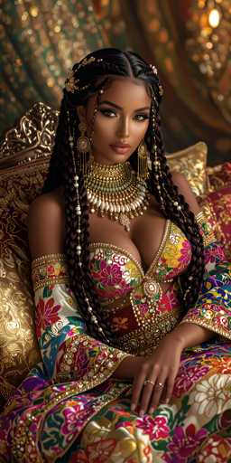 This image portrays a strikingly beautiful woman with dark skin, possibly of African or Middle Eastern descent, seated on an ornate gold throne. She is adorned in a vibrant, intricately designed dress that features a mix of colors including red, green, yellow, and white, with floral patterns and gold trim. Her dress is low-cut, revealing a significant amount of cleavage. She wears an elaborate, multi-layered necklace with gold, white, and green elements, and her wrists are decorated with bangles. Her long, dark hair is styled into multiple braids that cascade down to her waist, with some braids framing her face and others flowing over her shoulders. She has large, dark eyes accentuated with heavy makeup, including thick eyeliner and mascara, and her lips are painted a soft pink. She accessorizes with large, dangling earrings and two rings on her left hand. The background is a blur of gold and green hues, adding to the overall opulent and regal atmosphere of the scene.