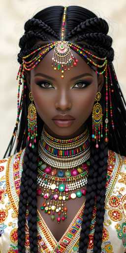 This image portrays a strikingly beautiful African-American woman with dark brown skin and captivating brown eyes. Her hair is intricately styled into multiple braids, with two prominent braids cascading down each side of her chest and additional braids forming a crown-like structure on her head. The central braid is adorned with a beaded ornament that drapes elegantly over her forehead, featuring a central circle with a green dot and a red dot, surrounded by cascading beads in various colors.

Her makeup is meticulously applied, enhancing her natural beauty. She wears a vibrant, ornate dress that appears to be made of a shiny material, possibly silk or satin. The dress is richly decorated with intricate beadwork and embroidery in a palette of colors including red, yellow, blue, green, and white. The neckline of the dress is particularly elaborate, featuring multiple rows of beads that extend down to her chest, where a V-shaped arrangement of beads further accentuates her neckline.

The overall composition of the image is both detailed and vibrant, highlighting the woman's regal and elegant appearance.