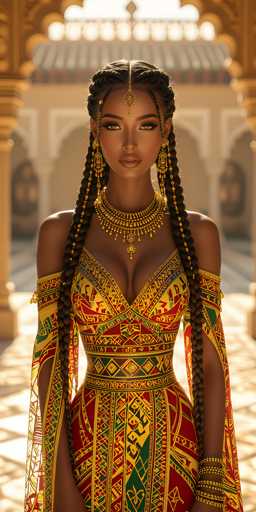 This image features a strikingly beautiful young woman, possibly of African or Middle Eastern descent, with a medium to dark complexion. She has long, intricately braided hair that cascades down to her waist, with two braids framing her face and the rest flowing down her back. A golden ornament adorns her forehead, extending down to her nose, adding an elegant touch to her look. She wears a vibrant, intricately patterned dress in shades of yellow, red, and green, with a deep V-neckline that reveals a hint of cleavage. The dress is adorned with elaborate gold and red designs, and it cinches at the waist with a gold belt. Her arms are covered by sheer, see-through sleeves that extend from her shoulders to her wrists, embellished with gold and red patterns. She accessorizes with a large, ornate gold necklace and matching gold earrings. The background is a blurred, ornate structure with golden arches and a green roof, suggesting a grand, possibly historical setting. The overall composition highlights her regal and exotic beauty, making her the focal point of the image.