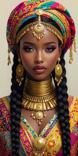 This image portrays a young woman with dark skin, possibly of Indian or Middle Eastern descent, adorned in traditional attire. She wears a vibrant headdress that resembles a turban, featuring a mix of pink, yellow, and blue hues, with intricate gold designs and tassels hanging from it. Her long black hair is styled into two braids that cascade down to her chest. She is dressed in a colorful ensemble, primarily yellow with pink and blue accents, and gold trim. Around her neck, she sports a thick, ornate gold necklace with a prominent pendant. Her makeup is striking, with bold red lipstick, and she gazes directly at the camera with a serious expression. The overall image has a slightly cartoonish quality, suggesting it might be AI-generated.