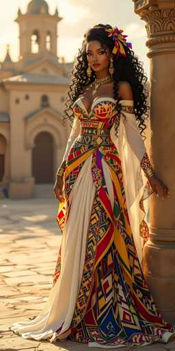 A stunning photograph captures a young woman standing gracefully in front of a grand, ornate building that resembles a church or cathedral. The structure features a prominent bell tower and an arched doorway, with a stone walkway leading up to it. The woman, who has long, curly black hair adorned with a colorful flower, is dressed in an elaborate, off-the-shoulder gown. The dress is a vibrant mix of colors, including red, yellow, blue, green, and white, with intricate geometric patterns. It has a sweetheart neckline and a fitted bodice that flares out into a full skirt. She accessorizes with a choker necklace, dangling earrings, and gold bangles on her wrists. Her pose is elegant, with one hand resting on a nearby column, and she gazes directly at the camera, exuding confidence and beauty.