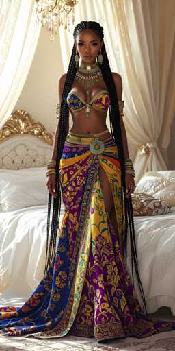 A woman is standing in front of a bed with white sheets and gold accents. She is wearing a colorful dress that features a blue and purple patterned skirt and a matching top. The dress has long hair styled in braids, and she is wearing earrings and a necklace.