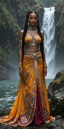A woman stands before a waterfall wearing an orange and gold dress with intricate beading and a headpiece of the same design. The waterfall is visible behind her, creating a serene backdrop for the scene.