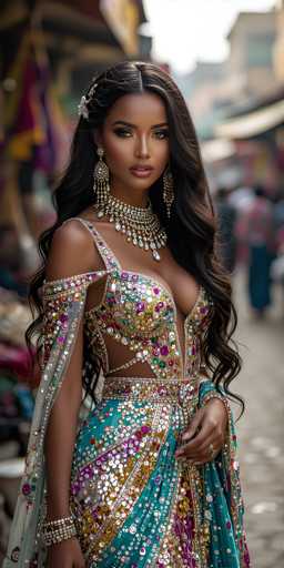 The image depicts a young woman, possibly of Indian or Middle Eastern descent, adorned in an elaborate and ornate outfit. She has long, dark brown hair with a middle part, cascading down to her waist. Her makeup is meticulously applied, featuring dark eyeshadow, eyeliner, and pink lipstick. She wears large, dangling earrings with intricate designs and a thick, jeweled choker necklace that extends into a collar. Her dress is a striking teal color, embellished with an array of jewels in various hues—pink, yellow, green, and white—and features cutouts on the sides, revealing her skin. A sheer, silver shawl drapes over her left arm, adding to the elegance of her ensemble. She stands in a bustling street market, with blurred figures and colorful awnings in the background, suggesting a lively and vibrant setting.