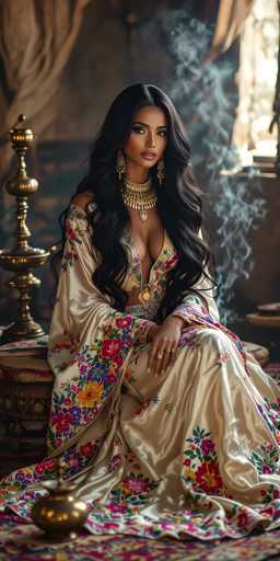 The image portrays a young woman, possibly of Indian or Middle Eastern descent, seated in an ornate, traditional setting. She has long, wavy black hair cascading down to her waist and is adorned with a thick, golden choker necklace featuring a prominent pendant. Her attire is a luxurious, silky dress with a beige or cream base, embellished with intricate floral patterns in shades of pink, blue, yellow, and purple. The dress is low-cut, revealing a significant amount of cleavage, and has long sleeves that drape elegantly over her arms. She accessorizes with a gold bracelet and several rings on her fingers. The woman is seated on a cushioned stool or chair, with a small, golden pot placed in front of her. The background is slightly blurred, but it suggests a room with brown walls and a window, through which sunlight streams, casting a warm glow on the scene. The overall ambiance is one of opulence and traditional elegance.