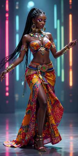The image depicts a young African-American woman, likely in her 20s, who appears to be a belly dancer. She is adorned in a vibrant, multi-colored outfit that includes a bra-like top and a long skirt with a slit up the side, revealing her legs. The skirt features a blend of colors such as yellow, red, blue, and green. She is accessorized with numerous pieces of jewelry, including a large, ornate necklace that extends down to her belly button, and multiple bracelets on both arms. Her long, black hair is styled in braids that cascade down her back. She is wearing high-heeled shoes and is captured in a dynamic pose, with one arm extended to the side and the other raised. The background is blurred, with indistinct shapes and vertical lines in various colors, including pink, blue, green, and orange, suggesting a stage setting. The floor beneath her is reflective, adding to the overall dramatic effect of the scene.