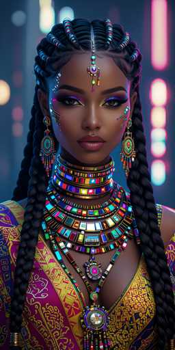This image portrays a striking, computer-generated African-American woman with a dark complexion and long, intricately braided black hair adorned with colorful beads. She is dressed in a vibrant, multi-colored outfit featuring shades of pink, yellow, blue, and purple, with a prominent gold dress that has a V-neck. Her makeup is bold and dramatic, with heavy purple eyeshadow, long eyelashes, and pink lips. She wears elaborate, dangling earrings that are a mix of blue, green, and yellow, and a forehead ornament that extends down to her nose. Around her neck, she sports an array of thick, multi-colored necklaces, including a choker and several layered pieces, one of which features a large pendant. The background is blurred, filled with neon lights in hues of pink, blue, and yellow, adding to the overall vibrant and futuristic aesthetic of the image.